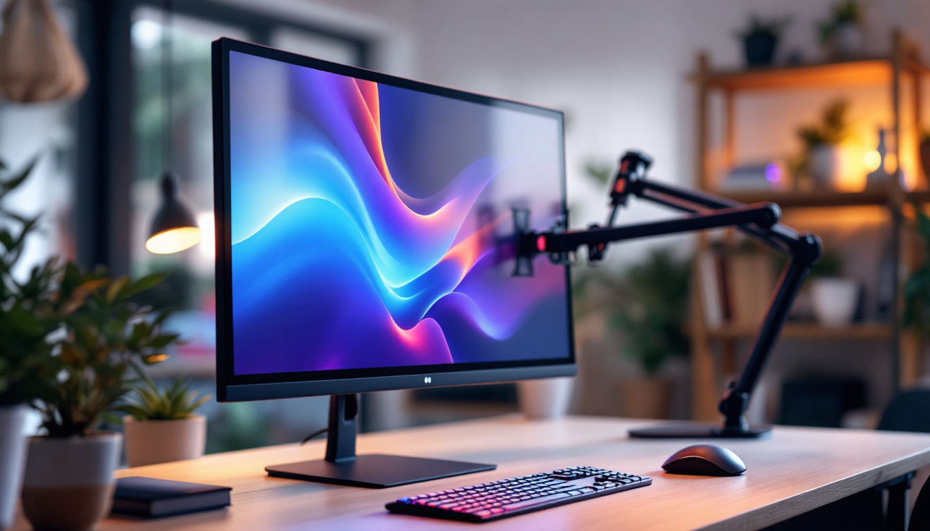 A photograph of a sleek 27-inch monitor mounted on an adjustable arm in a modern workspace