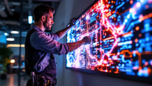 A photograph of a technician installing a sleek led wallboard in a modern office environment