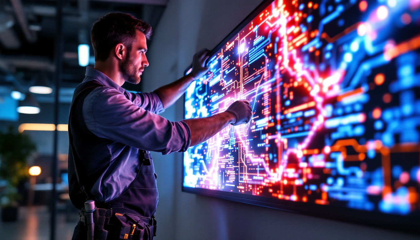 A photograph of a technician installing a sleek led wallboard in a modern office environment