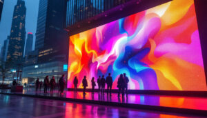 A photograph of a vibrant led display in a modern urban setting