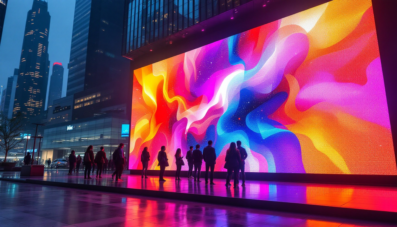 A photograph of a vibrant led display in a modern urban setting