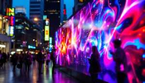 A photograph of a vibrant led display in an urban setting