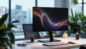 A photograph of a stylish and ergonomic monitor stand with an led display in a modern workspace setting