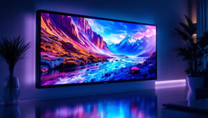 A photograph of a sleek led display showcasing motion capture visuals in a dynamic setting