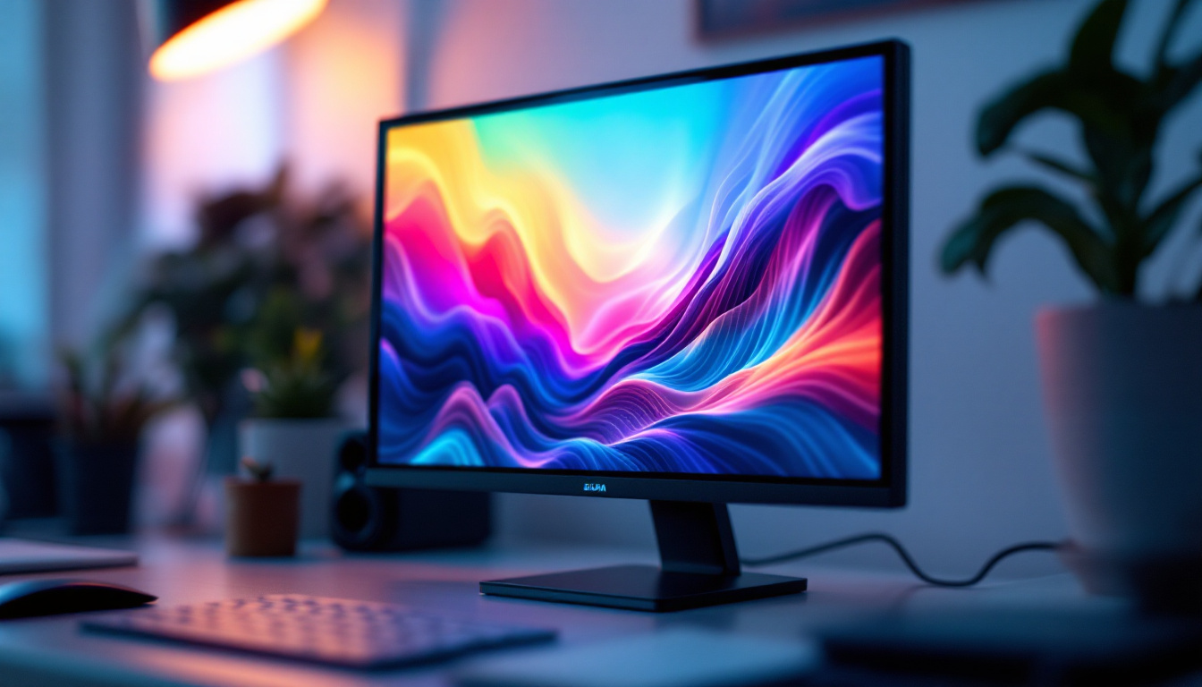 A photograph of a close-up shot of a small led computer monitor displaying vibrant colors and sharp images