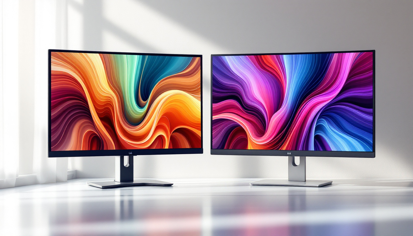 A photograph of a side-by-side comparison of an led monitor and an lcd monitor