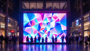 A photograph of capture a photograph of a vibrant led display in a bustling hillsboro setting