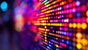 A photograph of a close-up shot of a vibrant led display showcasing dynamic visuals