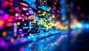 A photograph of a vibrant led display showcasing dynamic digital art
