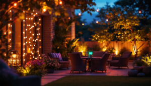 A photograph of capture a photograph of a beautifully illuminated outdoor space at dusk
