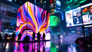 A photograph of a vibrant led display in an urban setting