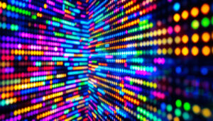 A photograph of a close-up of a vibrant led display in action