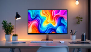 A photograph of a sleek large screen all-in-one computer set up in a modern workspace