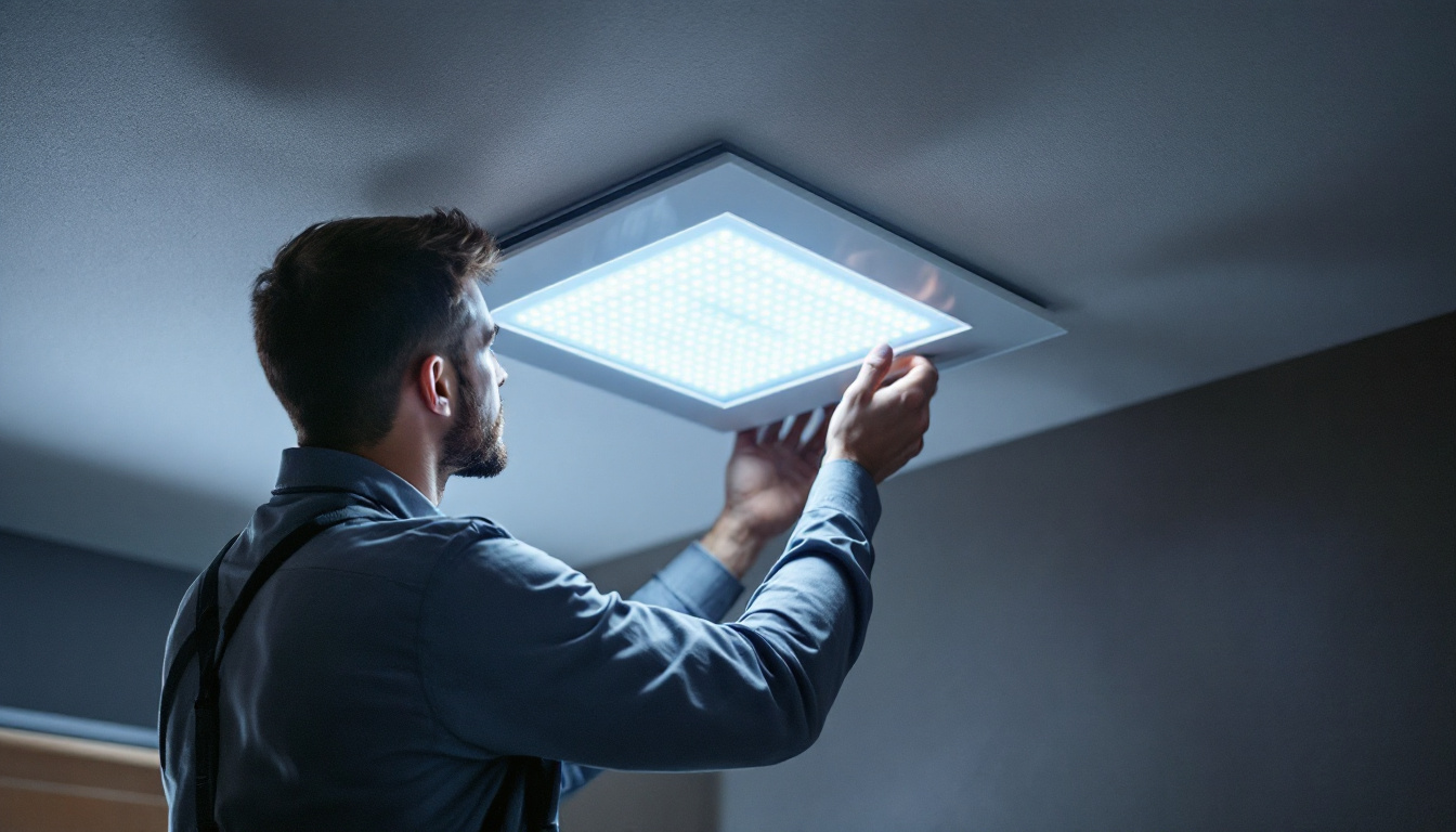 A photograph of capture a photograph of a technician installing a ceiling access panel with an led display