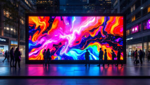 A photograph of a vibrant led poster wall in an urban setting