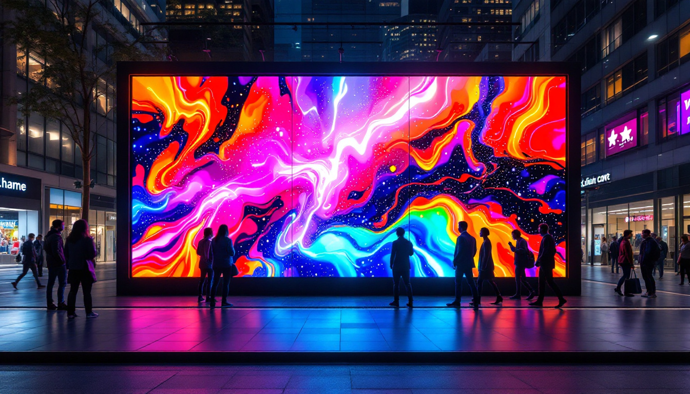 A photograph of a vibrant led poster wall in an urban setting