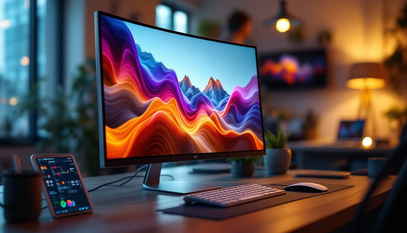 A photograph of capture a photograph of a sleek led lcd monitor displaying vibrant colors and sharp images in a modern workspace setting