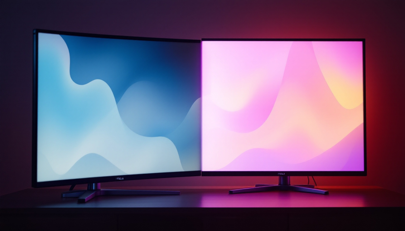 A photograph of a side-by-side comparison of a plasma display and an led display
