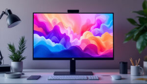 A photograph of a 16-inch led monitor displaying vibrant visuals