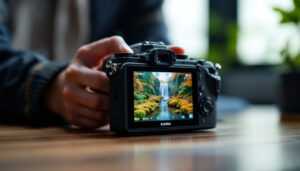 A photograph of a close-up shot of a camera's lcd display in use