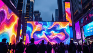 A photograph of a vibrant led display in a dynamic urban setting