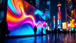 A photograph of a vibrant led display in a bustling urban setting