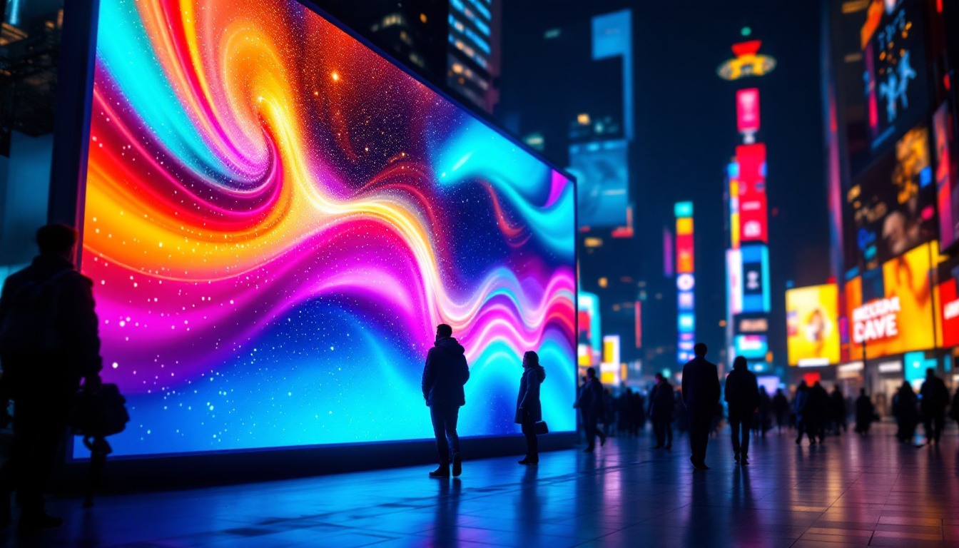 A photograph of a vibrant led display in a bustling urban setting