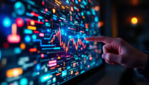 A photograph of a close-up shot of a touch screen hp monitor displaying vibrant led graphics