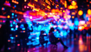 A photograph of a vibrant led display showcasing dynamic visuals and colors