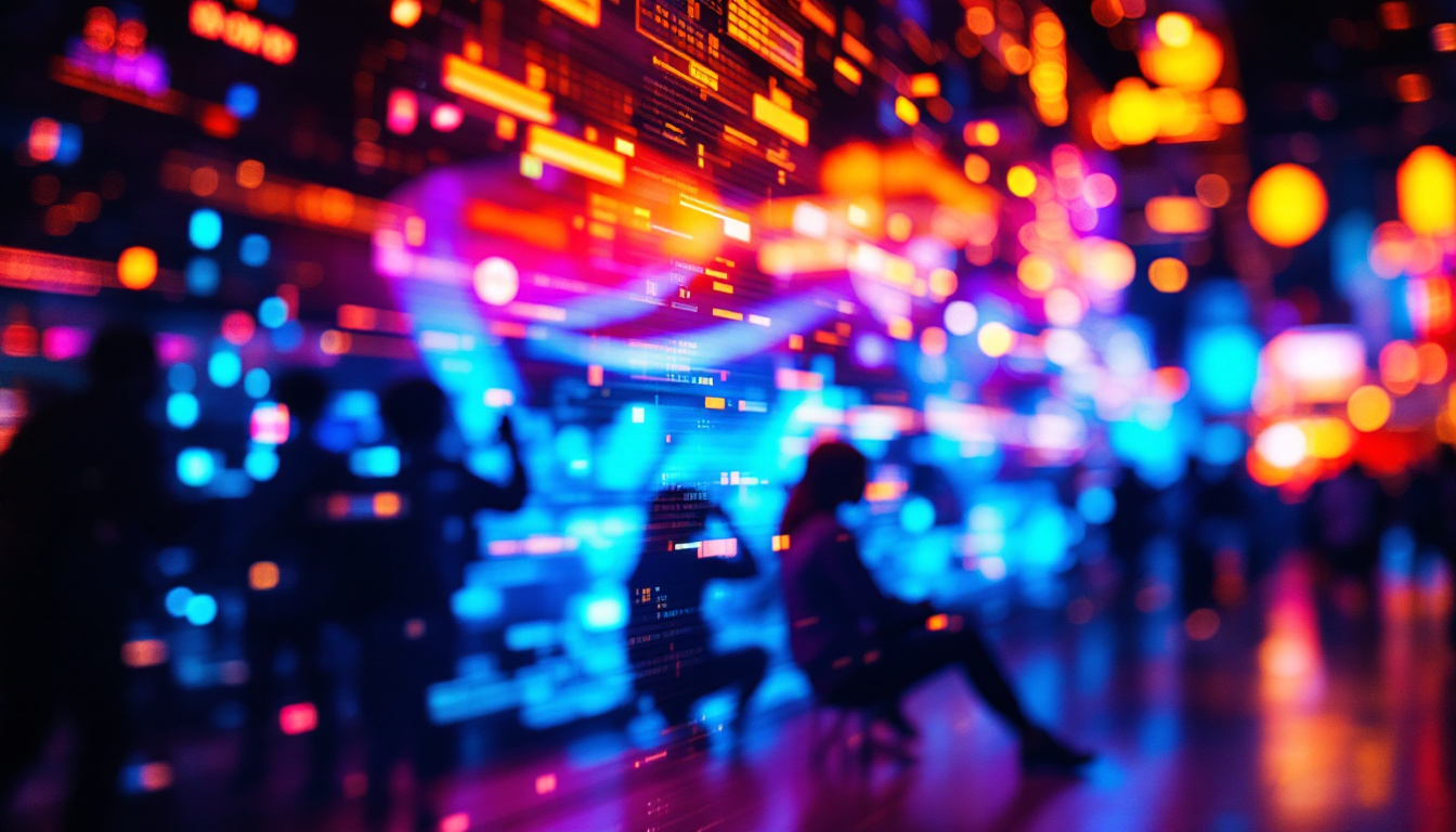 A photograph of a vibrant led display showcasing dynamic visuals and colors
