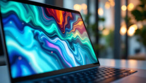 A photograph of a sleek laptop with its screen displaying vibrant