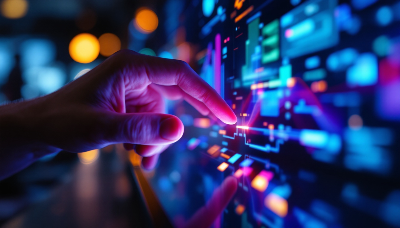 A photograph of a close-up of a hand interacting with a vibrant led touchscreen display