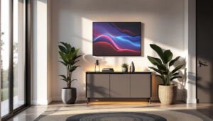 A photograph of a sleek slim entryway cabinet with an integrated led display