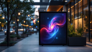 A photograph of capture a photograph of a modern privacy screening panel featuring an led display in an outdoor urban setting
