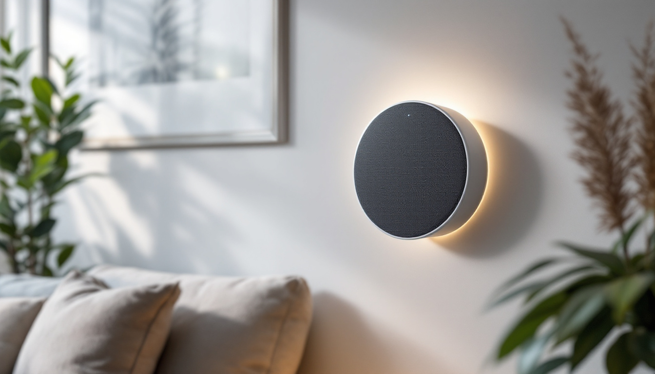 A photograph of capture a photograph of a sleek slim in-wall speaker installed in a modern living space