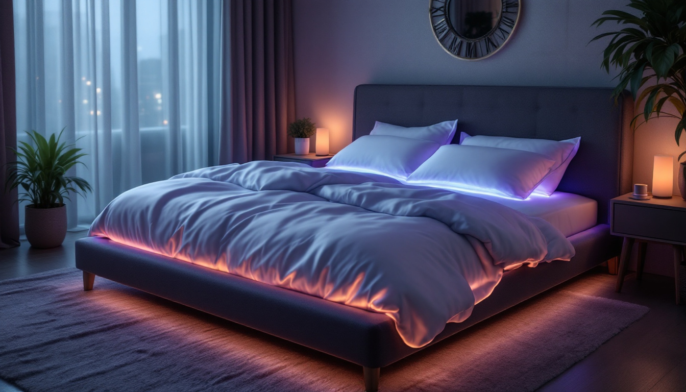 A photograph of a beautifully made bed featuring led bed sheets in a cozy bedroom setting