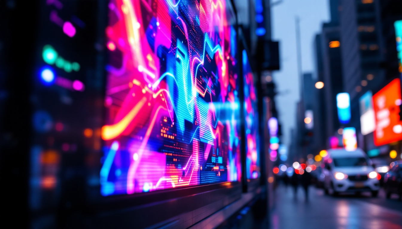A photograph of a vibrant and dynamic led display in an urban setting