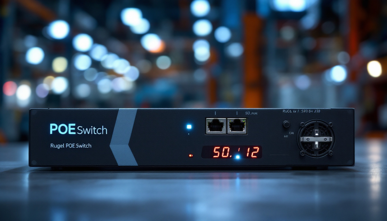 A photograph of a rugged poe switch prominently featuring its led display in a close-up shot