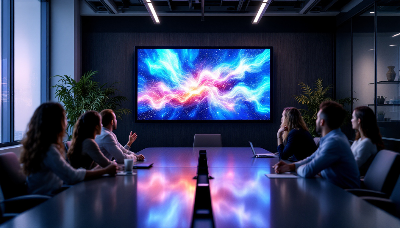A photograph of a modern boardroom featuring a large led display in use