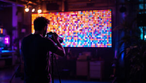 A photograph of a vibrant led display in a dynamic setting