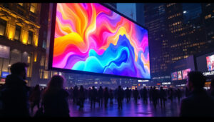 A photograph of a vibrant led display in a bustling urban environment