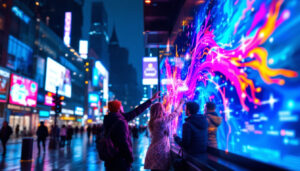 A photograph of capture a photograph of a vibrant led display in a dynamic urban setting