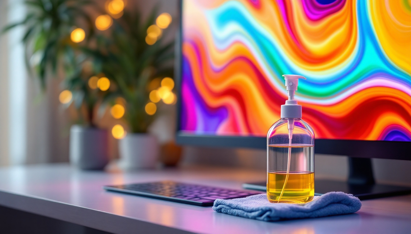 A photograph of a close-up shot of a clean led desktop monitor displaying vibrant colors