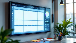 A photograph of a large wall planner featuring a vibrant led display
