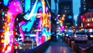 A photograph of a vibrant led display in a bustling urban setting