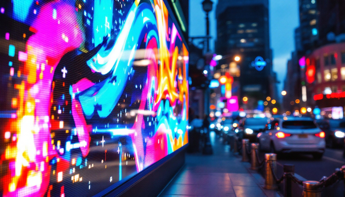 A photograph of a vibrant led display in a bustling urban setting