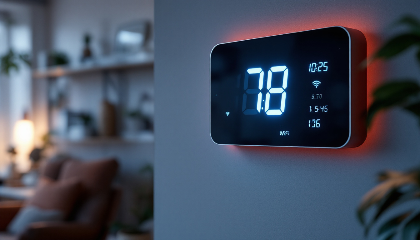 A photograph of capture a photograph of a modern wifi digital wall clock featuring a clear led display