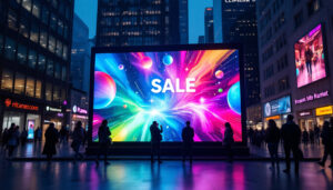 A photograph of a vibrant led display showcasing a dynamic plasma sale advertisement in a bustling urban setting