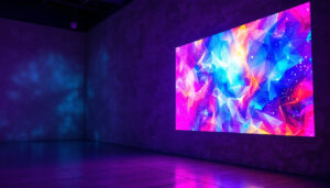 A photograph of a vibrant led display projecting a colorful image onto a textured wall
