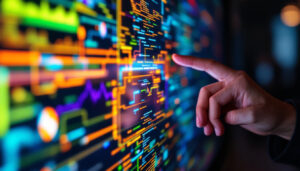 A photograph of a close-up of a vibrant touch screen led display in use